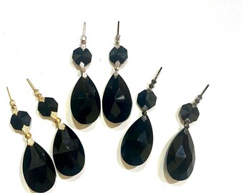 12 Jet Black Glass Crystal Teardrop Pendants (38mm) 1-14 mm octagon  bead w/ Bow Tie connectors/Magnets sold separately