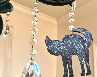 Black Glitter Cat Chandelier Magnet – Halloween Ornament, Set of 3
