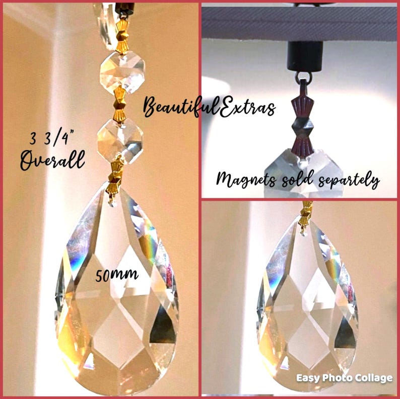 May include: A crystal teardrop prism with gold accents hangs from a ceiling. The prism is 3 3/4 inches long and 2 inches wide. The text "Beautiful Extras" is written on the image.  Magnets are sold separately.