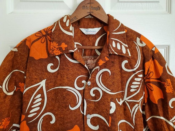 Mid century mens Hawaiian bark cloth shirt- sears… - image 3