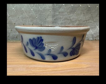Salmon Falls Stoneware Blue Flower Leaf Design Casserole Dish 9" Rustic Pottery 2006