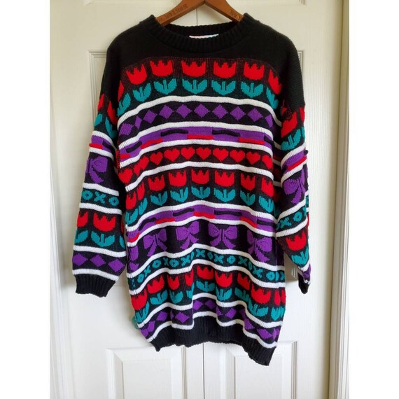 Vintage 80s Knit Oversized Sweater- tulips hearts… - image 1