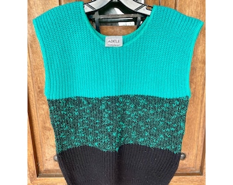 Vintage 1980s Sleeveless Sweater, 80s Fashion, Green & Black Knit Shirt, Made in the USA by Adele Knitwear, Unique Clothing, Retro Aesthetic
