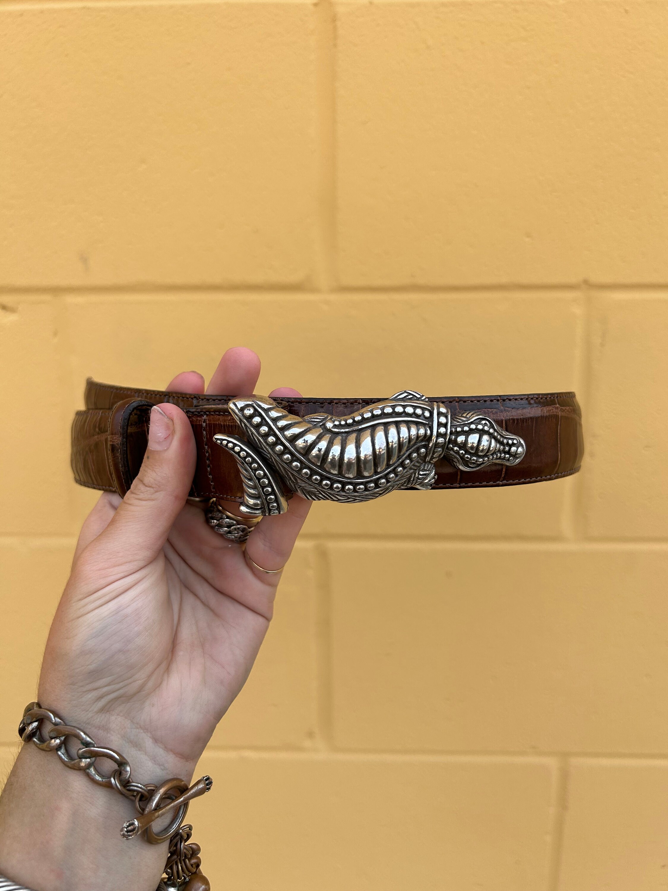 Vintage Brighton Belt with Alligator Buckle Brown Crocodile Silver Belt Buckle M 36507 1995