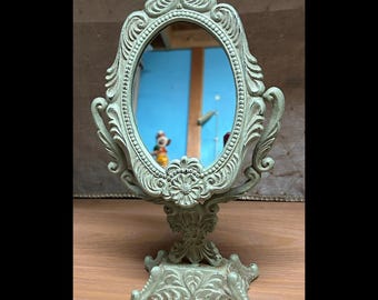 Vintage Ornate Cast Iron Vanity Table Mirror – Distressed Antique Green Finish