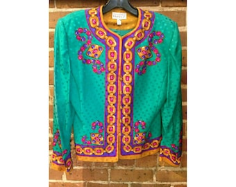 Vintage Adrianna Papell Jewel Print Silk Jacket