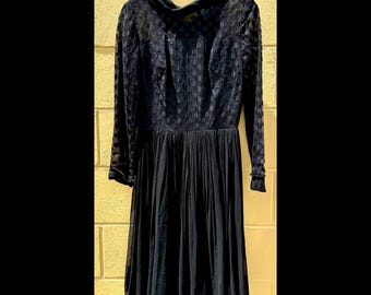 Vintage Alfred Werber St. Louis Black Sheer Dress Flocked Polka Dot Mesh Sleeves