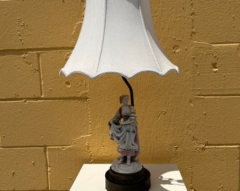 Set of Two Vintage Figural French Porcelain Table Lamps with Lampshades