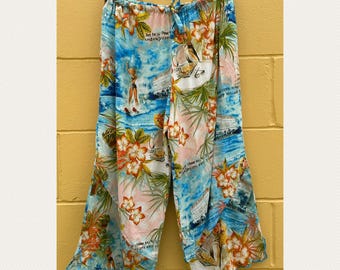 Jams World Women's Wide Leg Rayon Pants Hawaiian Hibiscus Floral Beach Size M