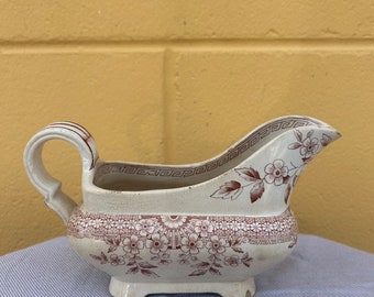 Vintage 1880 English Gravy Boat, Brown Transfer, Antique