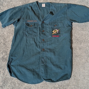 Vintage Boy Scouts Of America Men&#39;s M Sanforized Shirt Green Explorers BSA Secretary Patches