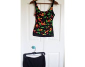 Vintage 60s bullet bra two piece swimsuit- black cherry print vintage tankini