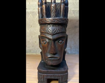 Vintage Hand Carved Wooden Tribal Bust Sculpture - Tiki Polynesian Folk Art