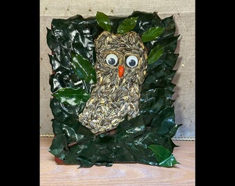 Handcrafted Artisan Owl Wall Plaque- Sunflower Seed Leaf Folk Art - Unique Decorative Piece