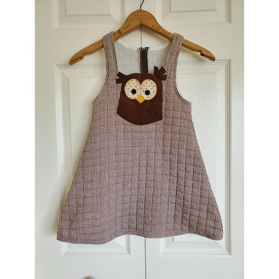 Vintage 70's kids owl jumper dress- Brown plaid q… - image 1