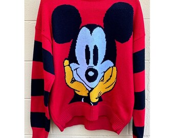 Vintage Mickey Mouse Red Heavy Knit Sweater Striped Sleeves 90s Walt Disney Mickey & Co.
