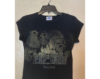 Y2K Baby Tee Black Disneyland 50th Anniversary Vintage 90s Disney Mickey Mouse Gold Foil Fireworks Castle Print Early 2000s Fitted Top