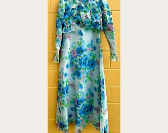 Vintage 70s Blue Prairie Maxi Dress & Jacket Sheer Sleeves Romantic Cottagecore Size 9