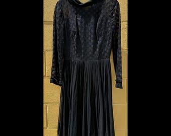 Vintage Alfred Werber St. Louis Black Sheer Dress Flocked Polka Dot Mesh Sleeves