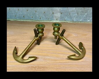 Pair Brass Anchor Candle Stick Holders Nautical Maritime Cottage Decor