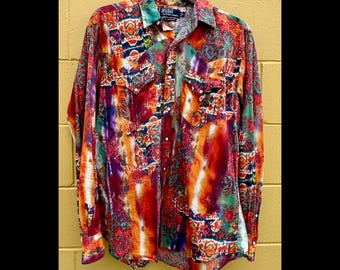 Polo Ralph Lauren RL Western Shirt Multicolor Tie Dye Ikat Print Snap Buttons Size L