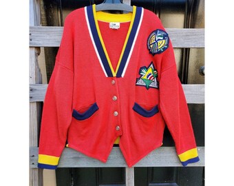 Vintage 80s Red Primary Color Sweater with Patches by Hiro Ideguchi 1980s Varsity Style Cardigan Heathers Inspired Heather Chandler Costume