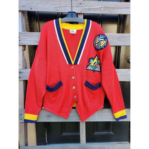 Vintage 80s Red Primary Color Sweater with Patche… - image 1
