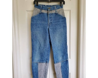 Vintage CHIC High Waisted 2 tone denim jeans or capris- 80s high waisted jeans with double belt loops