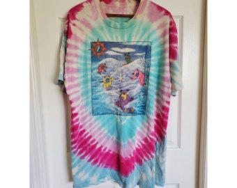 Vintage Grateful Dead Tie Dye Snowboarding Bears Concert Tee Shirt 1990 destroyed concert tee deadhead gift wavy gravy