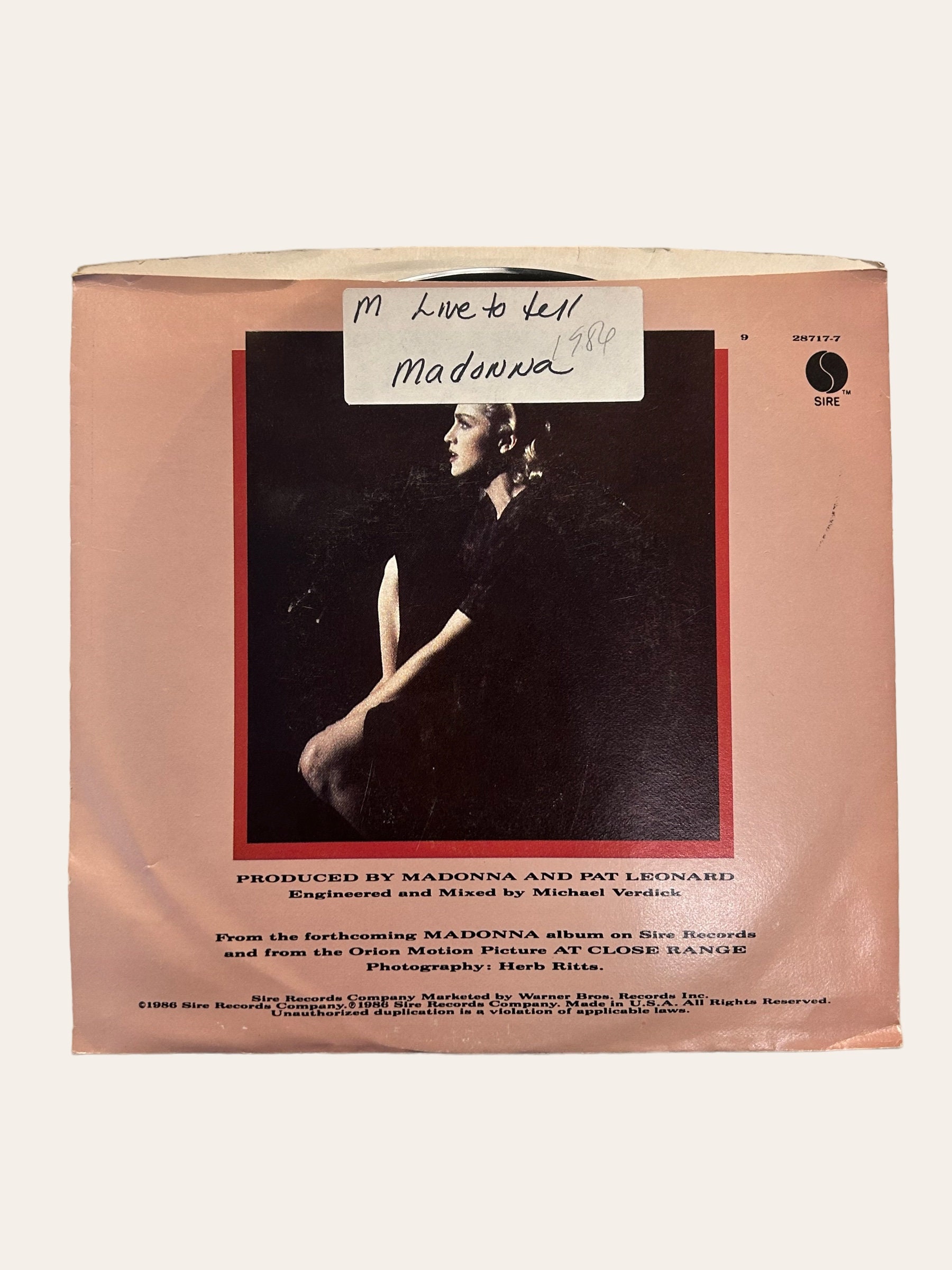 Vintage Madonna Record, Live to Tell, 1986, 45 Rpm, Sire Records 