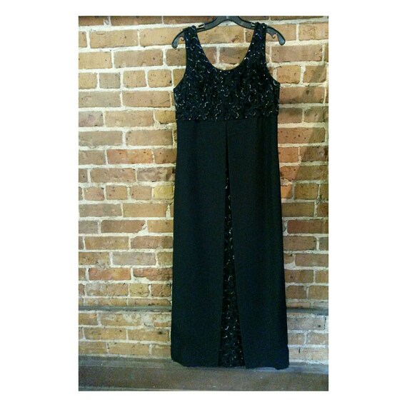 Vintage Mad Men 50s 60s black sequin gown with cu… - image 1