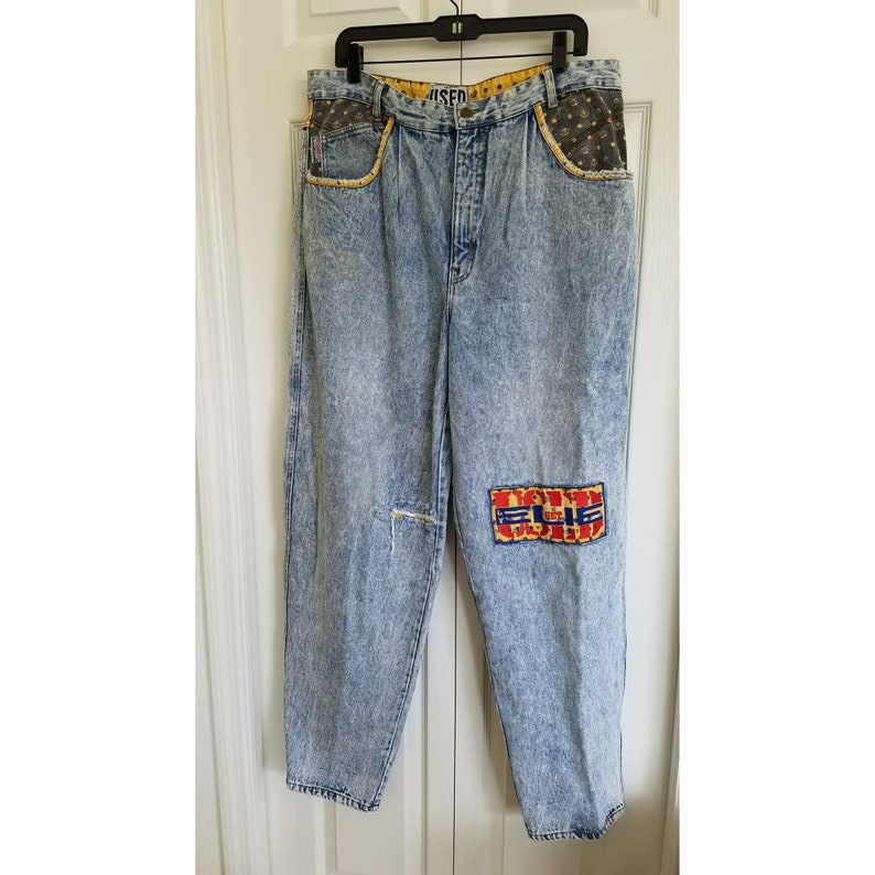 Vintage men/'s acid wash jeans with patches get used brand jeans size 38 80s 90s