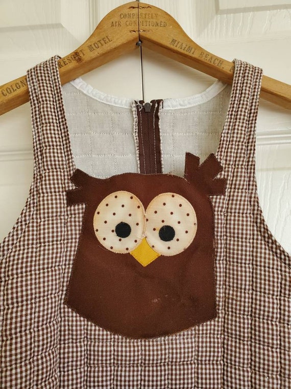 Vintage 70's kids owl jumper dress- Brown plaid q… - image 2