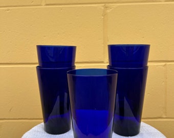 Set of 5 Blue Glasses, Pint Glass, Colored Glass, Vintage