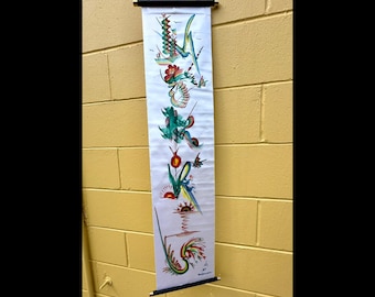 Vintage Asian Scroll Wall Hanging Hand Painted Birds Flowers Wall Decor