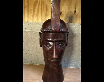 Vintage Solid Wood Carved Tribal Warrior Bust Sculpture Rustic Tribal Decor