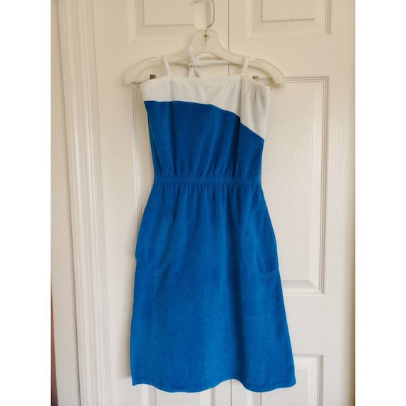 Vintage 70s terry cloth halter dress- teal and whi