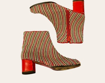 Vintage Multicolored Beaded Boots, Red Boots, Ankle, Booties, Heeled, Beadwork, Embellished, Vintage Shoes & Accessories