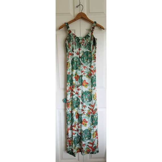 Vintage green polyester maxi dress with tiger face
