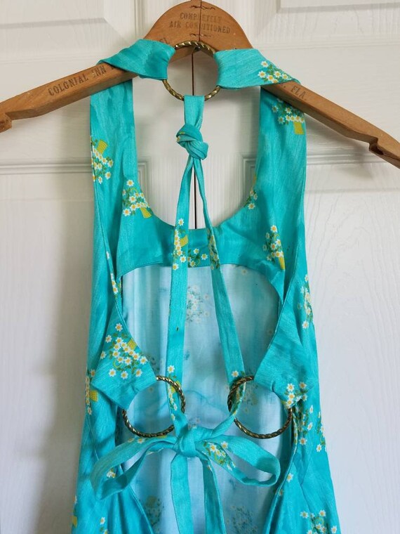 Vintage Handmade 70s halter maxi dress teal flora… - image 5