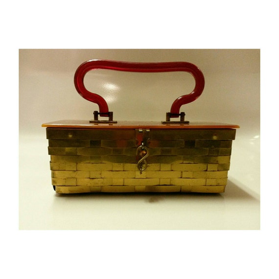 Vintage 50s Lucite and Brass Box Purse- 1950s box