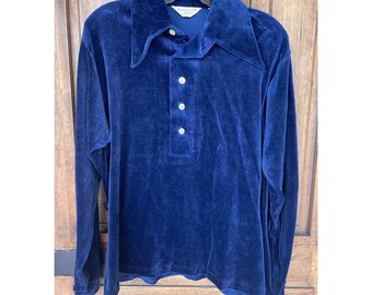 Vintage 70s Velour Long Sleeve Shirt 1970s Top Navy Blue Pullover Size Medium Brady Bunch Indie Grandpa That 70s Show 60s Dagger Collar