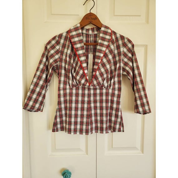 Vintage 50s red plaid top with ric rack trim - image 1