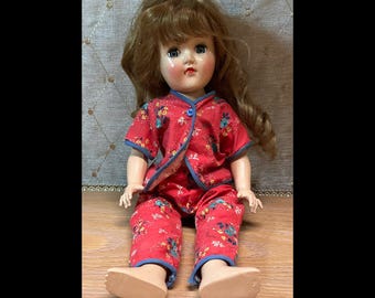 Ideal Toni Doll P-90 Red Hair Red Floral Pajamas Sleep Eyes Vintage