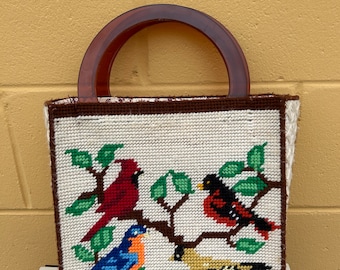 Vintage Needlepoint Handbag, Birds, 1970s Purse