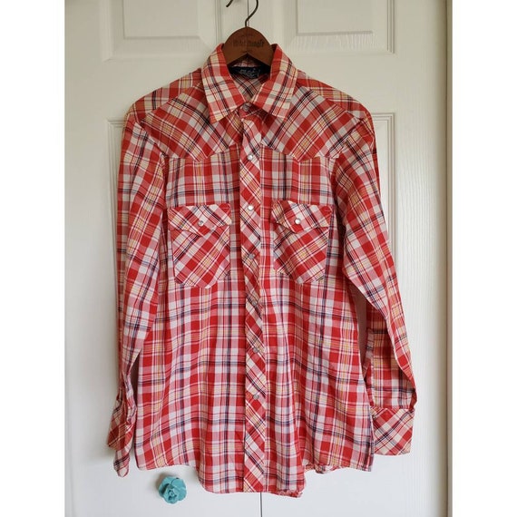 Vintage 70s 80s men's western plaid pearl snap sh… - image 1