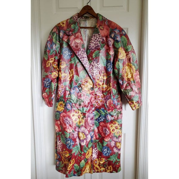 Vintage 80s 90s floral trenchcoat raincoat coated cotton- plus size burgundy floral raincoat