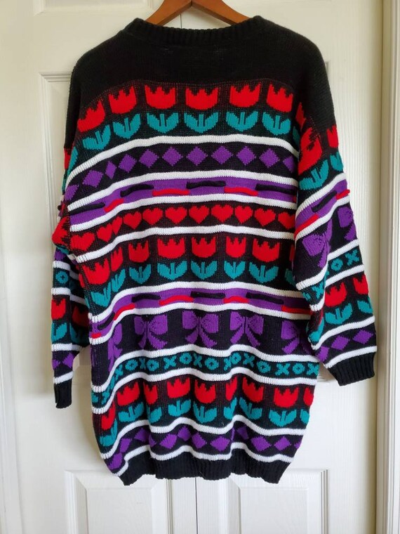 Vintage 80s Knit Oversized Sweater- tulips hearts… - image 5