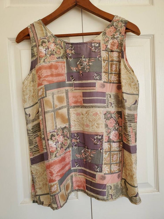 Vintage 80s silk floral tank top, sage green and … - image 3