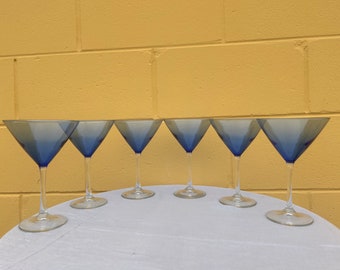 Set of Six Blue Martini Glasses, Colored Glass
